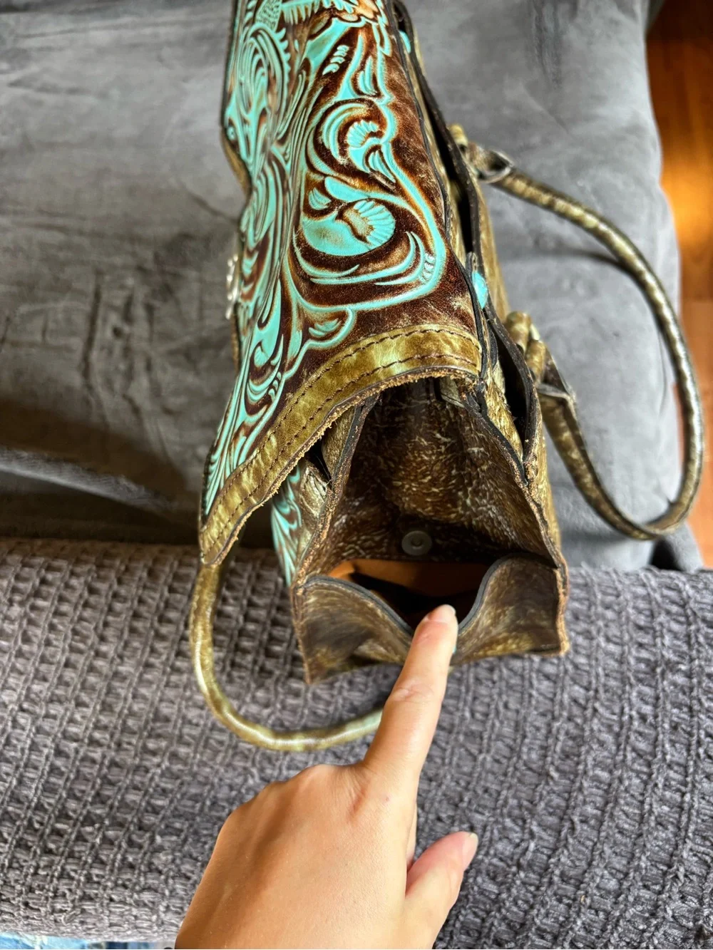 Patricia Nash Italian Leather Vienna Satchel, Tooled Turquoise, Like New Purse